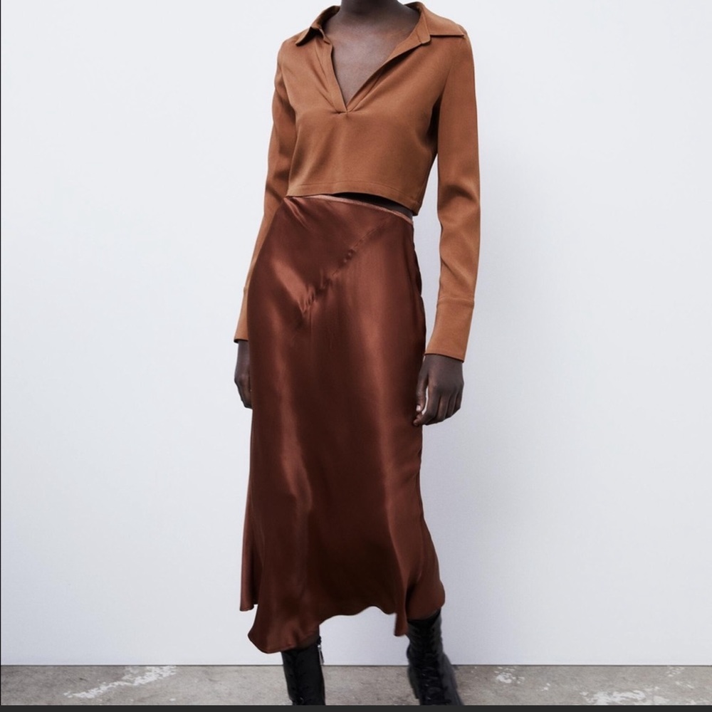 Zara satin effect midi skirt -rust brown